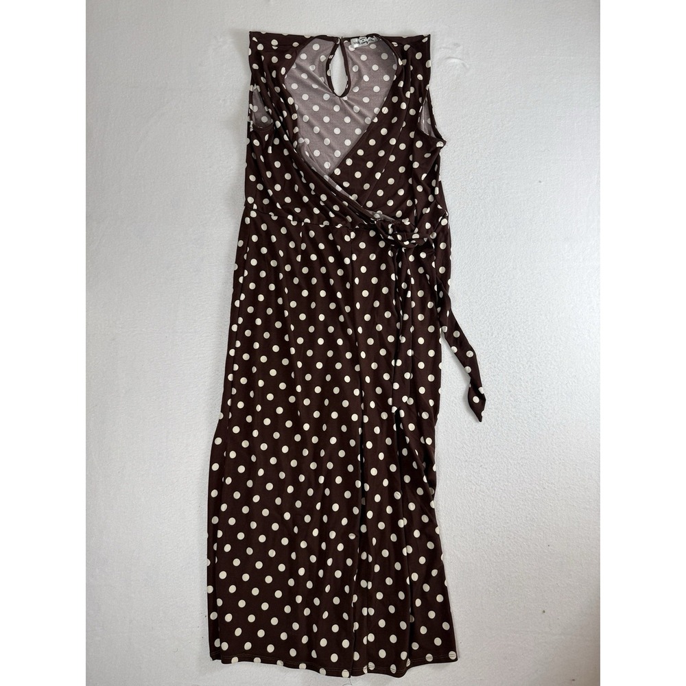 HARLOW & ROSE Womens Large Brown Polka Dot Sleeveless Faux Wrap Midi Dress L